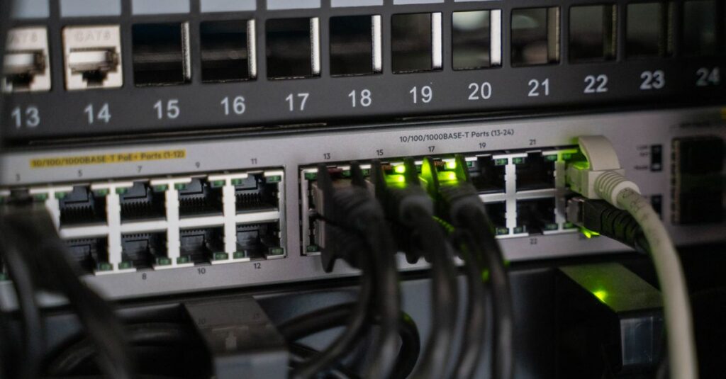 Business network router and switch in a server closet